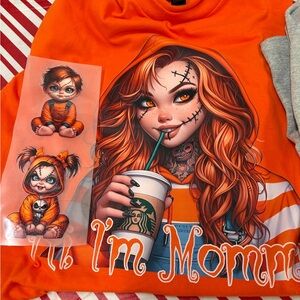 Orange Graphic tshirt with Halloween chucky mama and kids